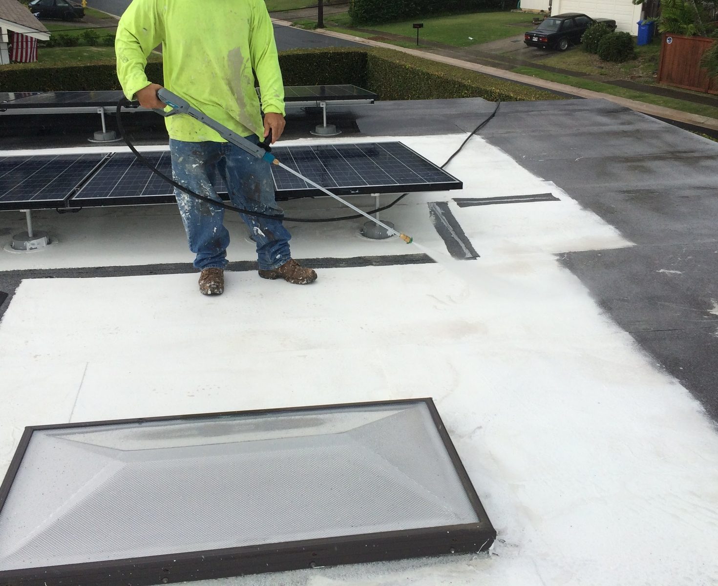 Solar panel and flat roof pressure washing